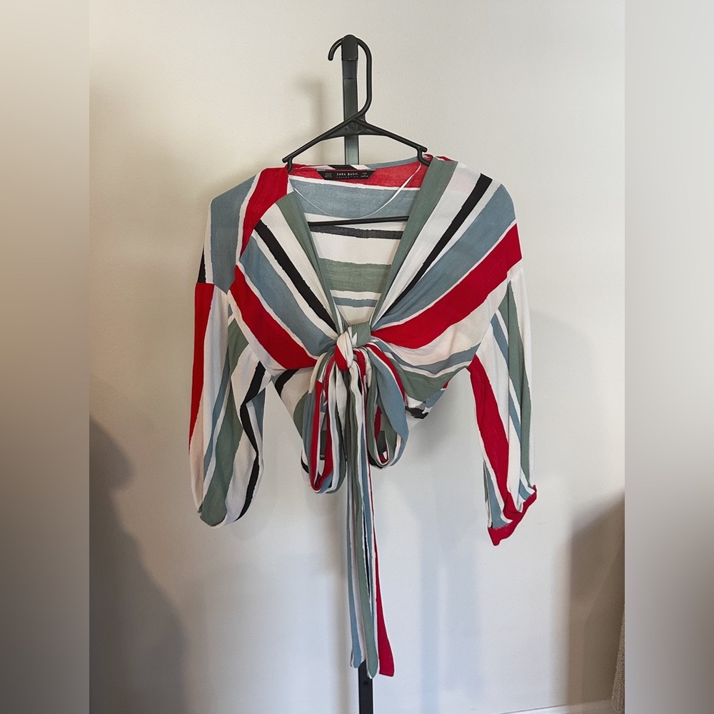 Zara Red and Blue Striped Tie-Front Blouse